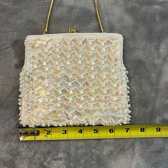 Vintage women’s clutch cream color beads  with pastel colors sequins gold strap - Picture 6 of 8